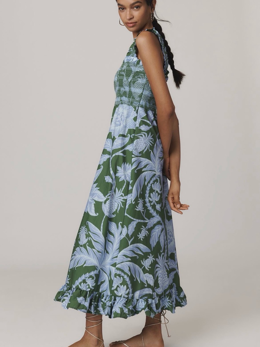 FARM Rio Tropical Swing smocked  Green  Dress with Light Blue Floral Print M - Picture 2 of 7